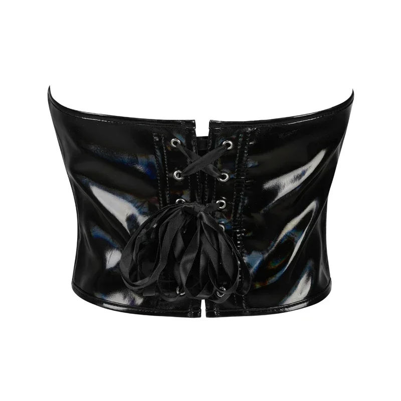 Noir PVC vinyle Corset culture hauts femmes Sexy surbuste Bustiers haut en cuir brillant Lingerie Steampunk Corselet à lacets Korsett