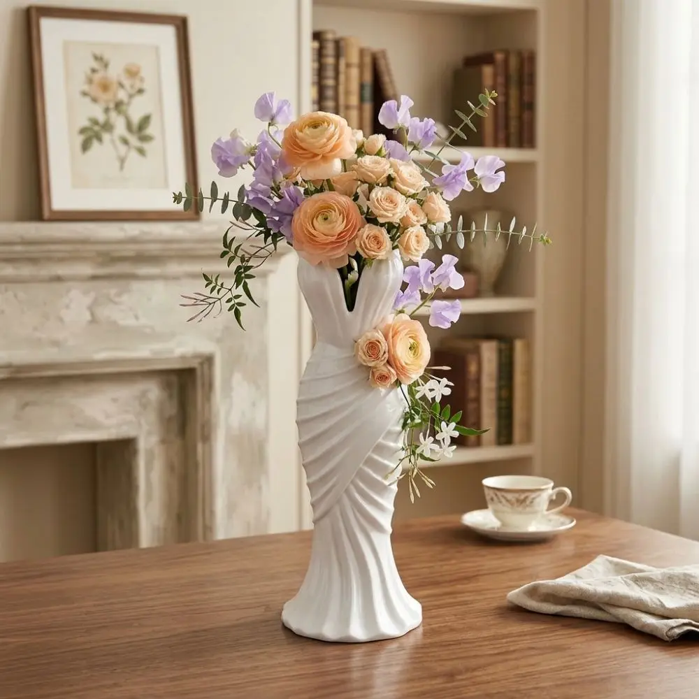 Gown-Shaped 3D Printed Flower Vases Twisted Design Flower Arrangement Elegant Dress Vase Minimalist-Style Decorative Vase
