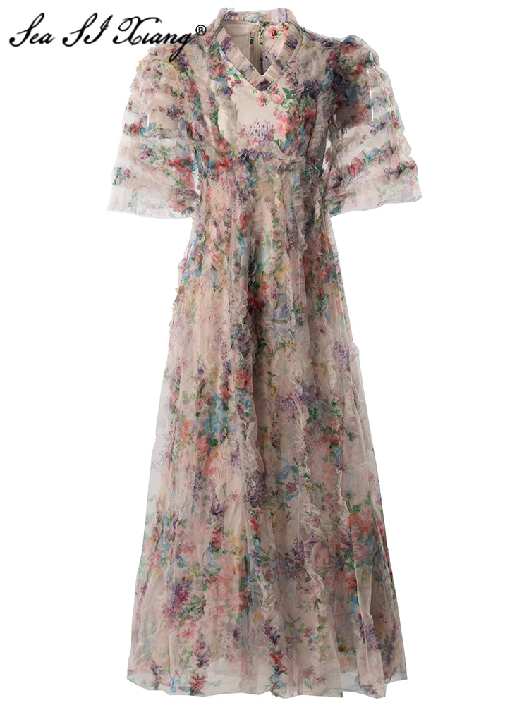 

Seasixiang Fashion Designer Summer Mesh Long Dress Women's V-Neck Short Sleeve Floral Print Ruffles Vintage Ball Gown Dresses