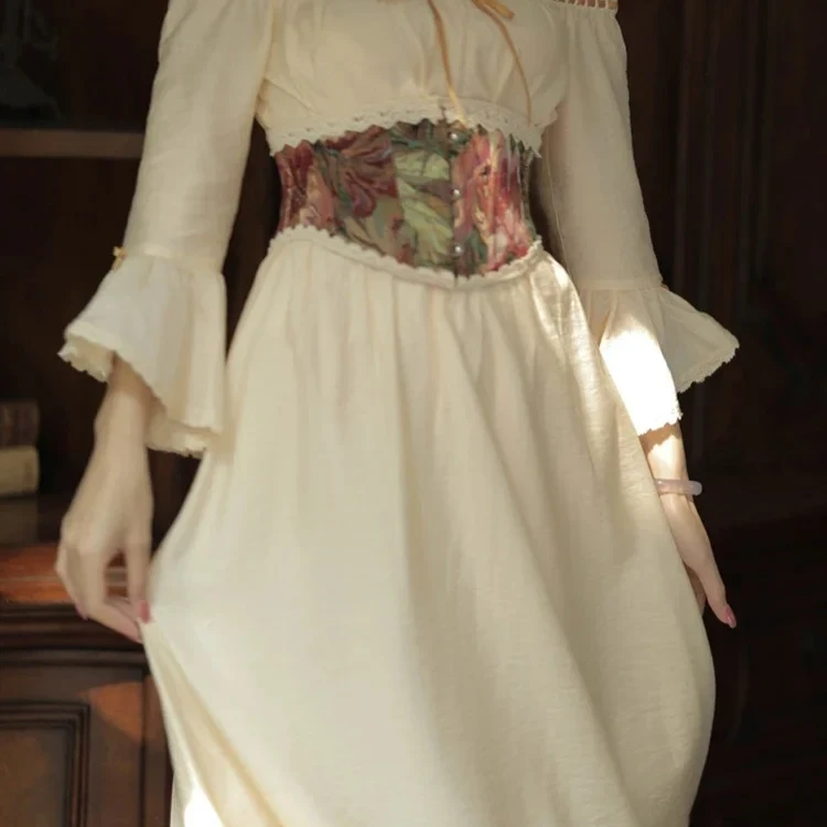 

Женские корсеты с французской вышивкой на талии, утягивающий пояс, короткий торс, картина маслом, Моне, садовое кружево, сексуальные бюстье в стиле Лолиты