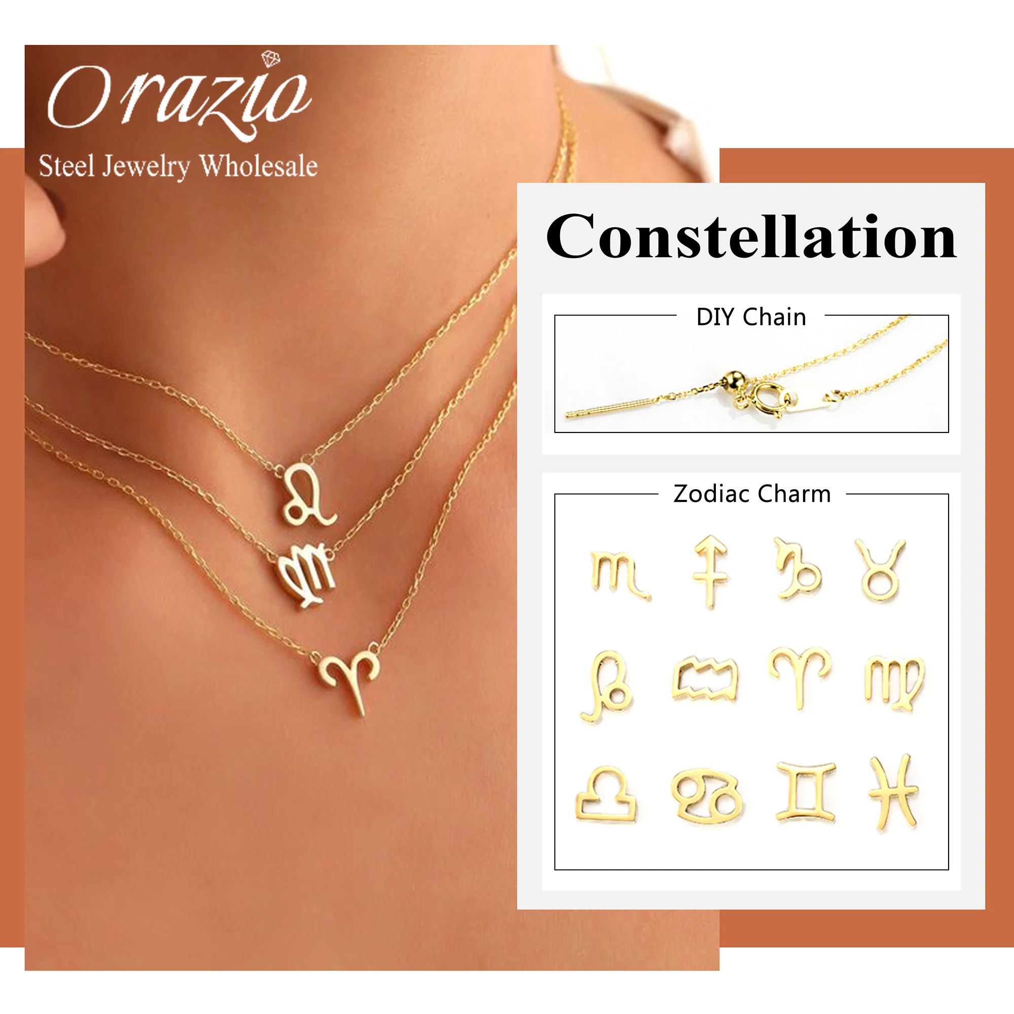 Orazio Constellation Necklace for Women New Stainless Steel 12 Horoscope Pendant DIY Neck Chain Birthday Jewelry Gift Wholesale