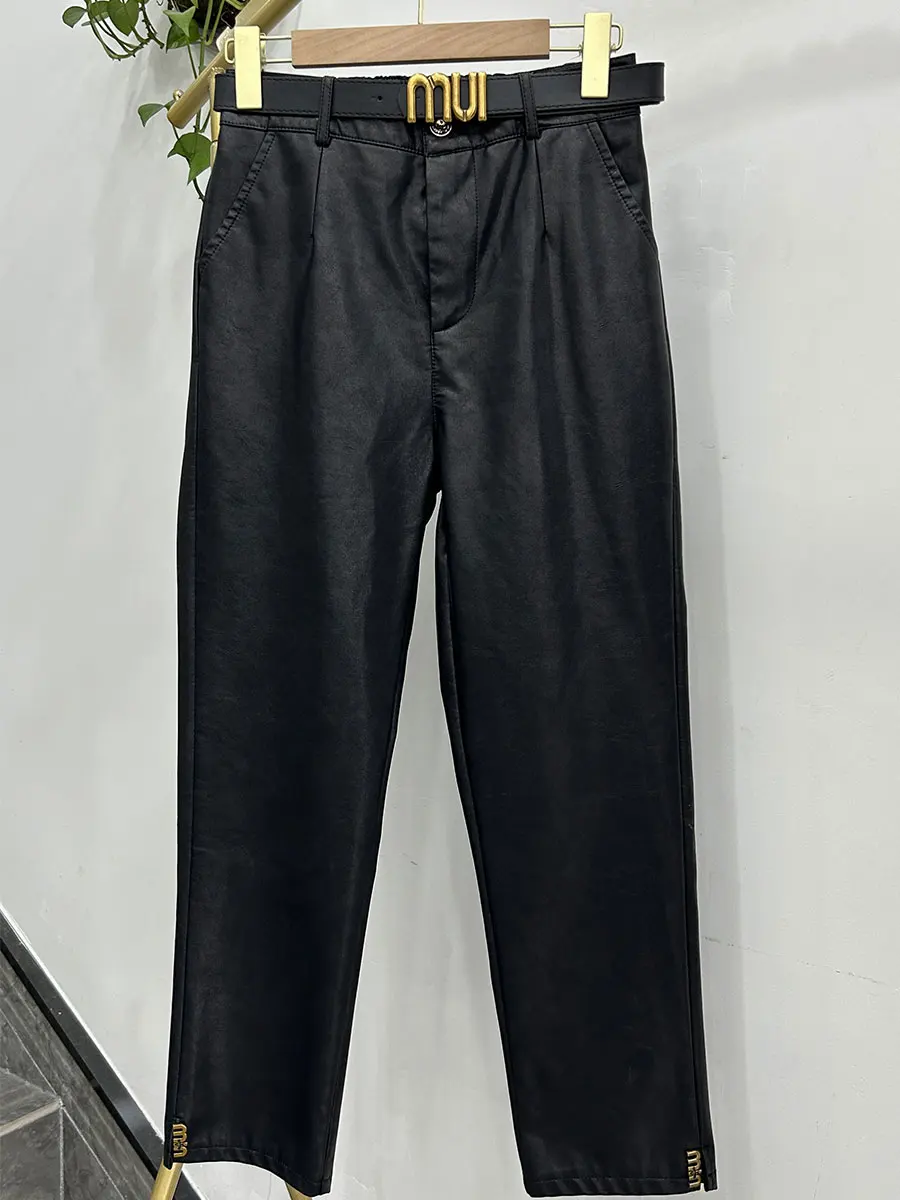 

High Waist Casual Pants for Women Autumn Bla Leather Pants Belted Straight Leg Nine-Tenths Length European Sle Ladies Tro...
