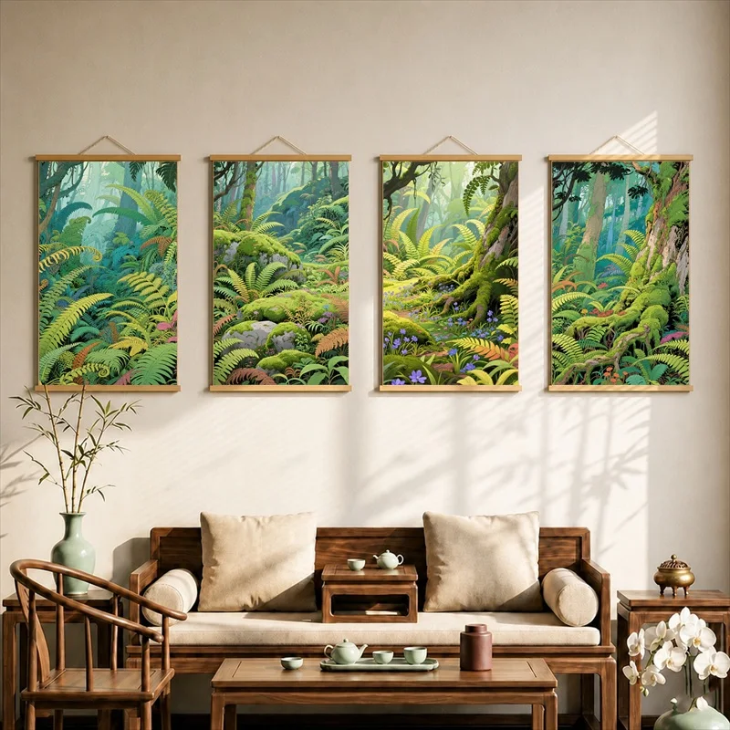 Wall Decorations Lush Enchanted Forest Garden, Maximalist Botanical Pearlescent Canvas Hanging Scroll Decor for Cafe Interior