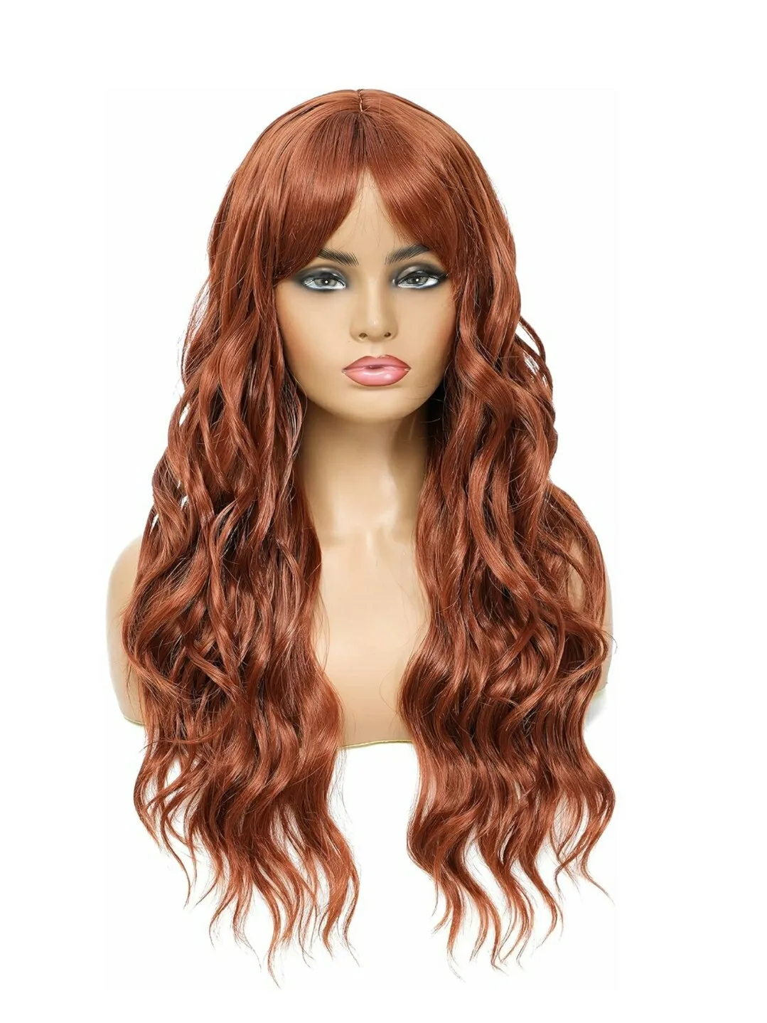 

Long Wavy Auburn Red Brown Ombre Wig With Bangs Hair Blend Heat Resistant