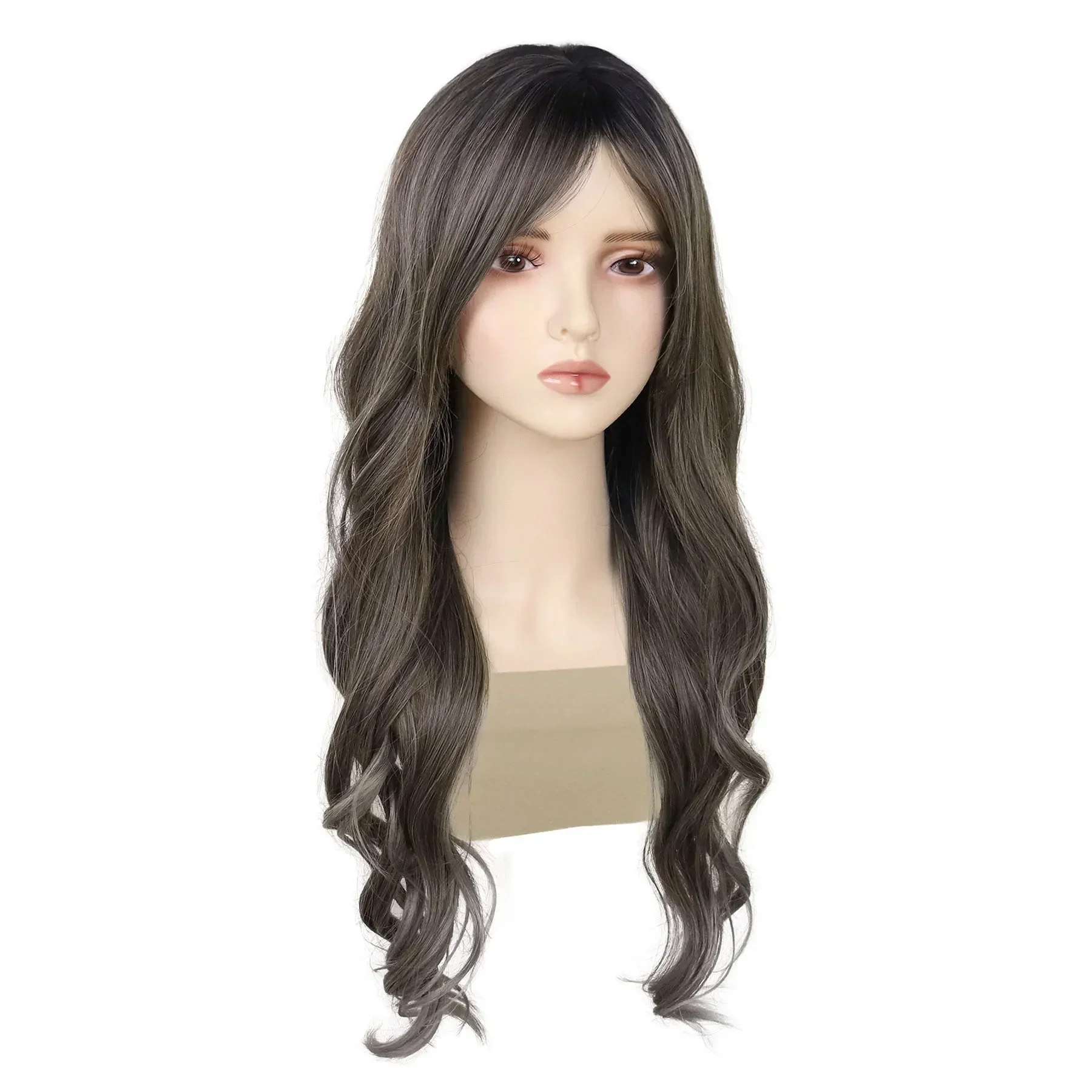 Synthetic Hair Long Curly Wigs for White Women 26 Inches Wavy Long Wig with Bangs Drag Queen Grey Wigs Model Natural Hairstyles