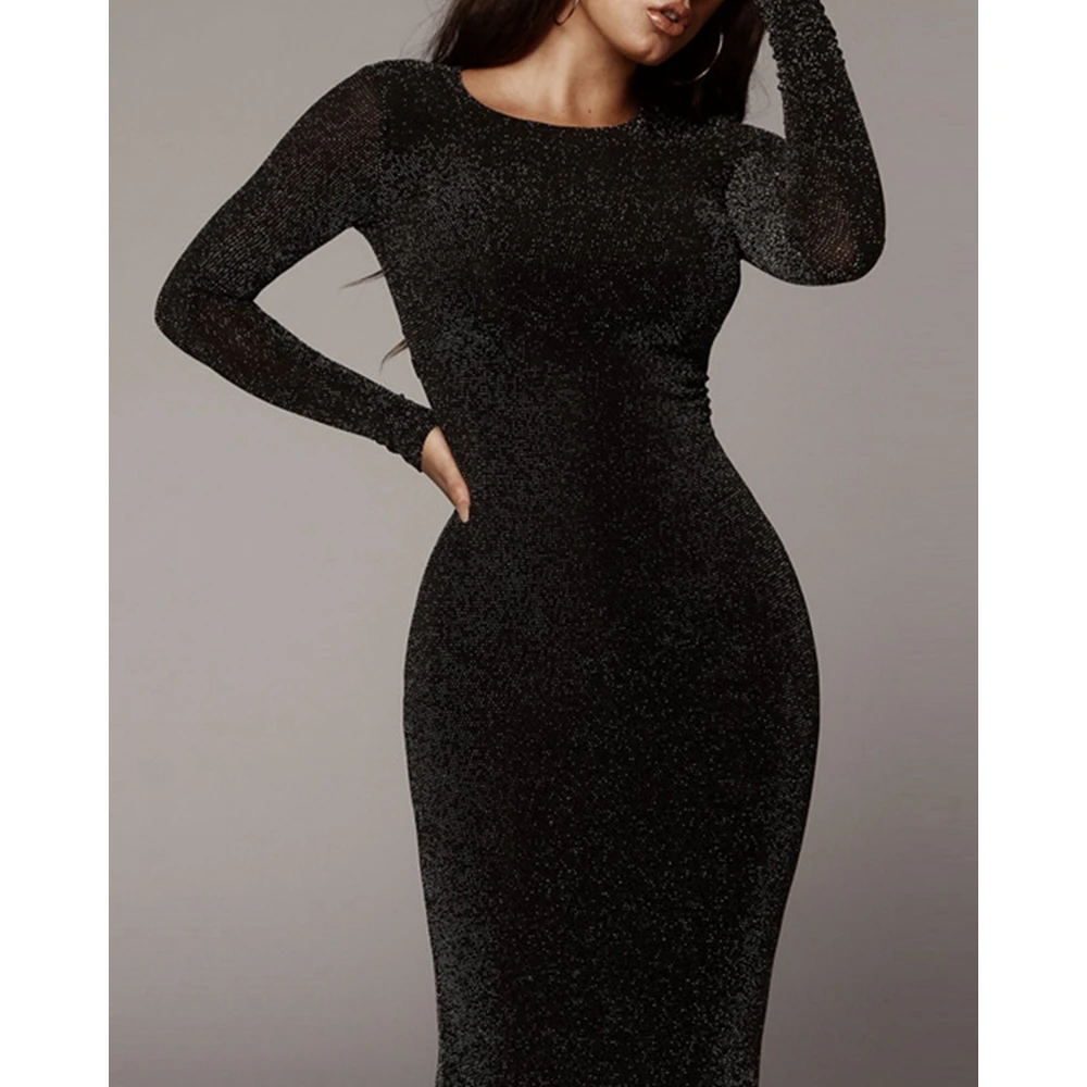 Spring Autumn Black Glitter Long Sleeve Slim Fit Elegant Long Dresses for Women New in Midi Dresses Lady Vestidos Daily Outfits