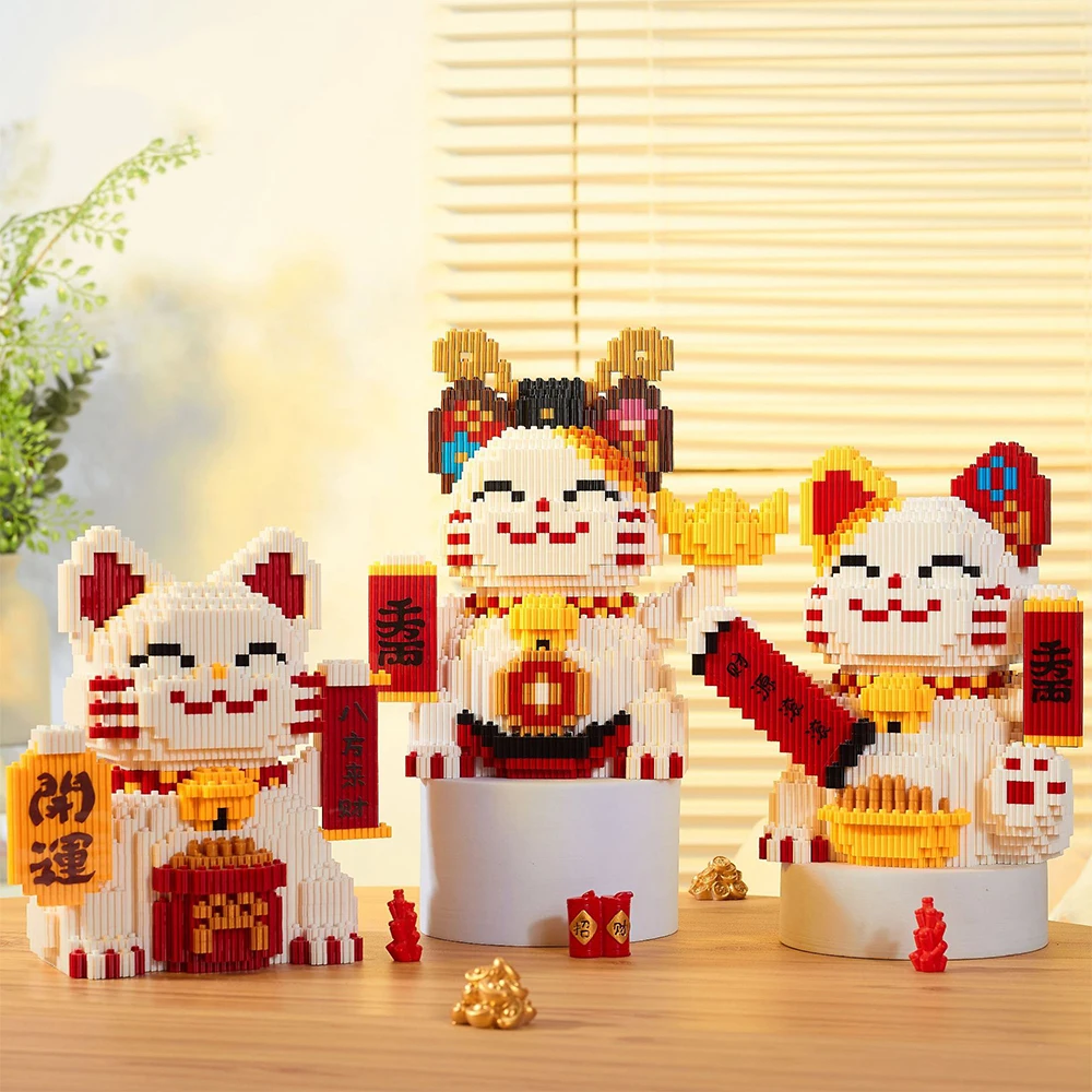 

Maneki Neko Diamond Building Block Lucky Cat Welcoming Money Rich Cat Linkgo Connection Mini Bricks Figure Toy For New Year Gift