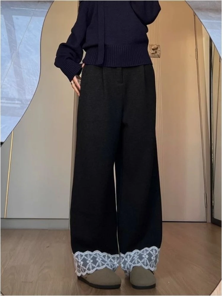 

2025 осень-зима, корейский стиль, повседневные брюки с кружевной отделкой, женские свободные широкие брюки с высокой талией, толстые теплые прямые длинные брюки