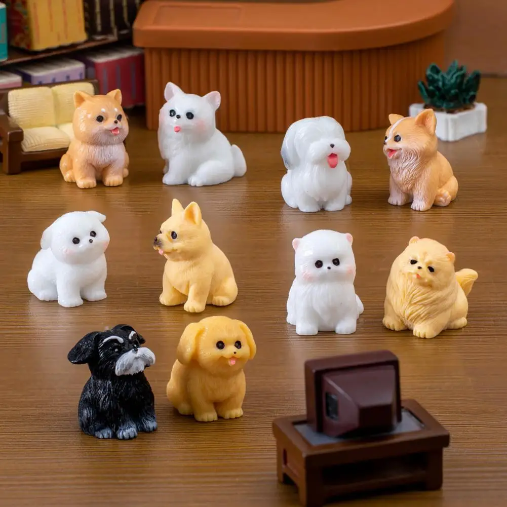 10Pcs Resin Dog Figurines Set Cute Puppy Miniature Desktop Car Ornament Garden Dollhouse Pet Dog Micro Landscape Dog Kids Gift