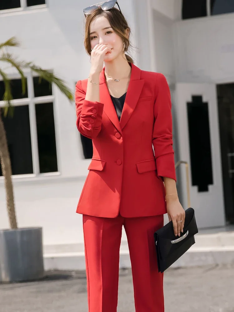 Ladies Women Pant Suit Formal Female 2 Piece Set Red Blue Jacket Office Business Work Wear Single Breasted Blazer+Trouser