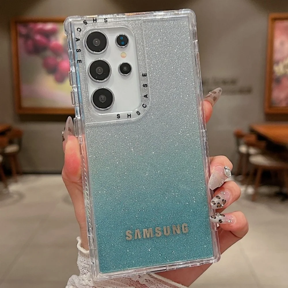3 in 1 Clear Gradient Glitter Case Samsung Galaxy S25 S24 S23 S22 Ultra Plus S23 FE A54 A34 A25 A24 A15 Full Logo Protect Cover