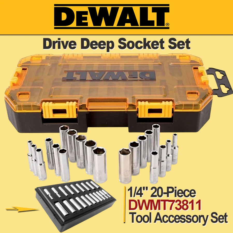 DEWALT DWMT73811 1/4'' Drive Deep Socket Set 20 Piece Socket Drive Drill Adapter Accessories with Equip Lockable Folding Box