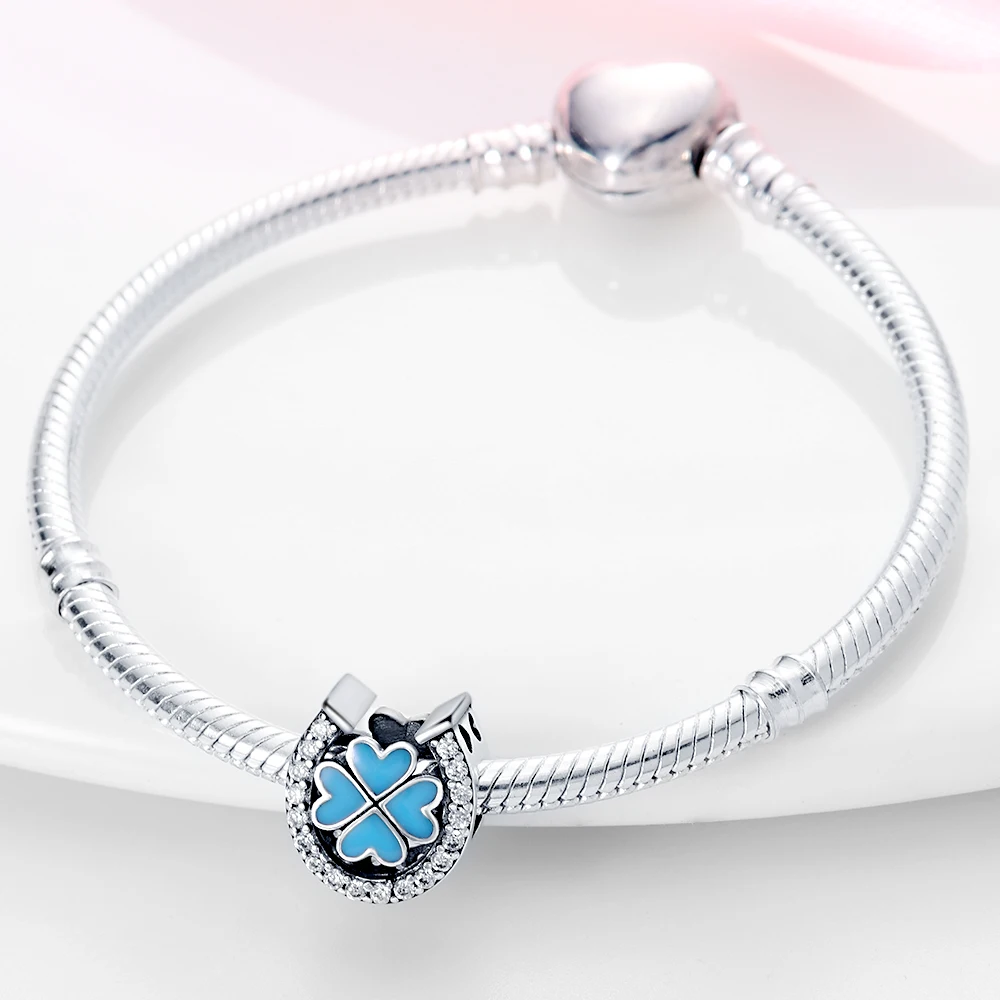 سحر الأصلي 925 فضة القلب أربع أوراق البرسيم حسن الحظ رمز الخرز صالح سوار المرأة مجوهرات Diy بها بنفسك هدية