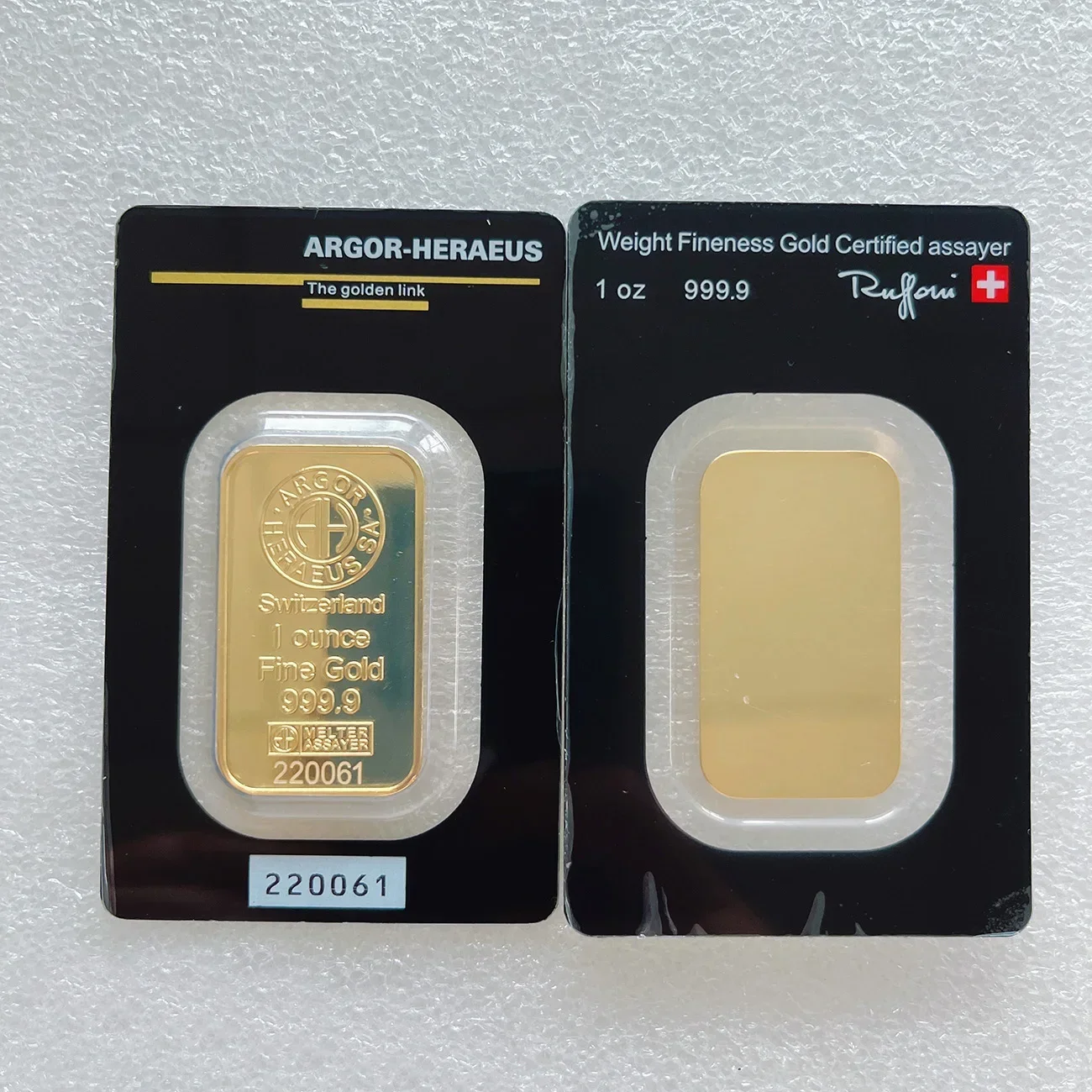 Argor suisse plaqué or 24 carats, barre d'or de 1oz, pièce d'or, lingot, joint acrylique, emballage, numéro de série indépendant