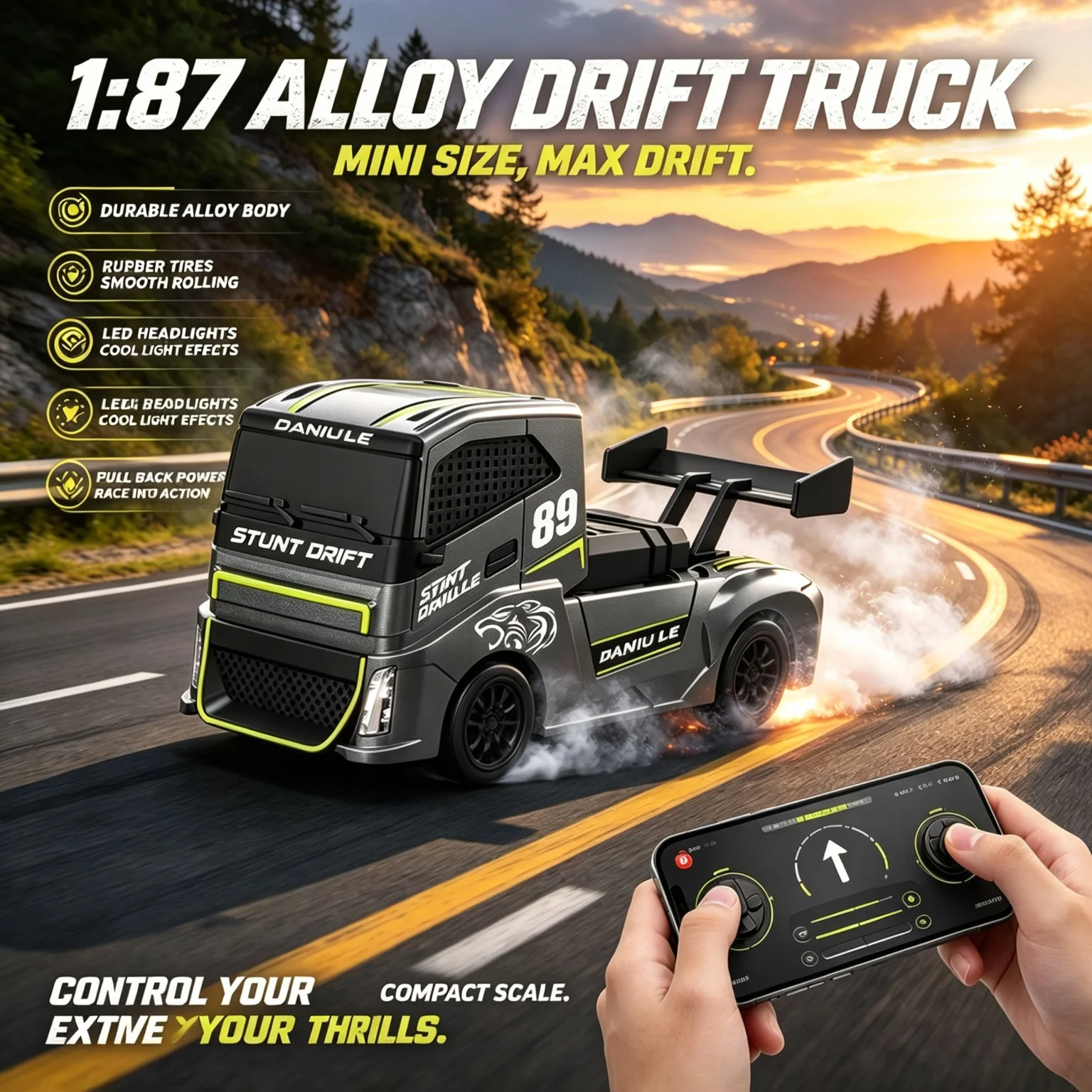Mini 1/87 RC Semi Truck, RTR 4WD Drift Racing Desktop Model, High-Speed Toy Gift for Boys Kids