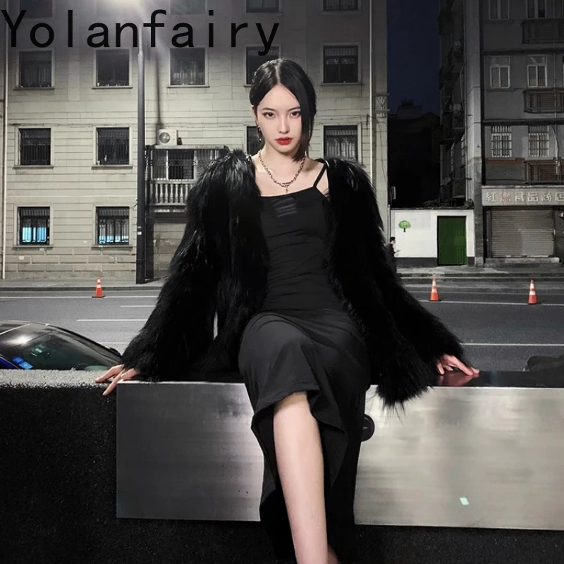 YOLANFAIRY 가을 겨울 수입 여우털 코트 여성 순색 두꺼운 브이넥 짜임 프린지 퍼 코트 2025