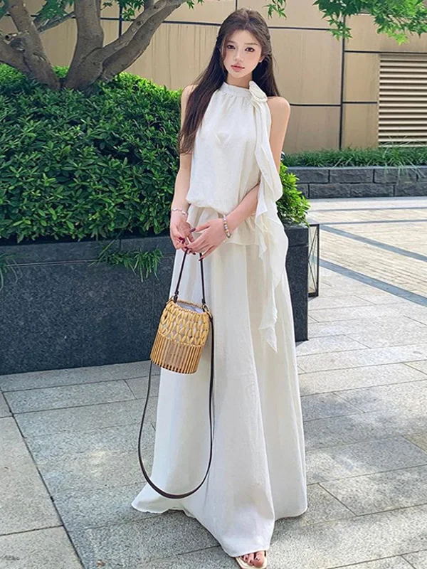 

Floral Sash Sleeveless Neck Hanging Top Women's A-Line Skirt Set Simple Slimming Summer Fashion Two-Piece Suit