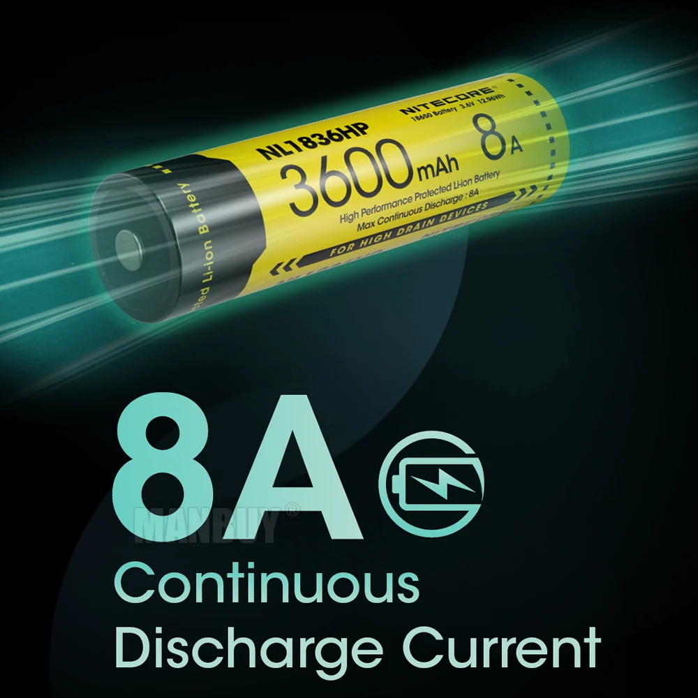 Nitecore-Li-ion Button Top Battery para dispositivos de drenagem, alto desempenho, protegido, NL1836HP, 18650, 3600mAh, 3.6V, 12.96Wh, 8A, 2024