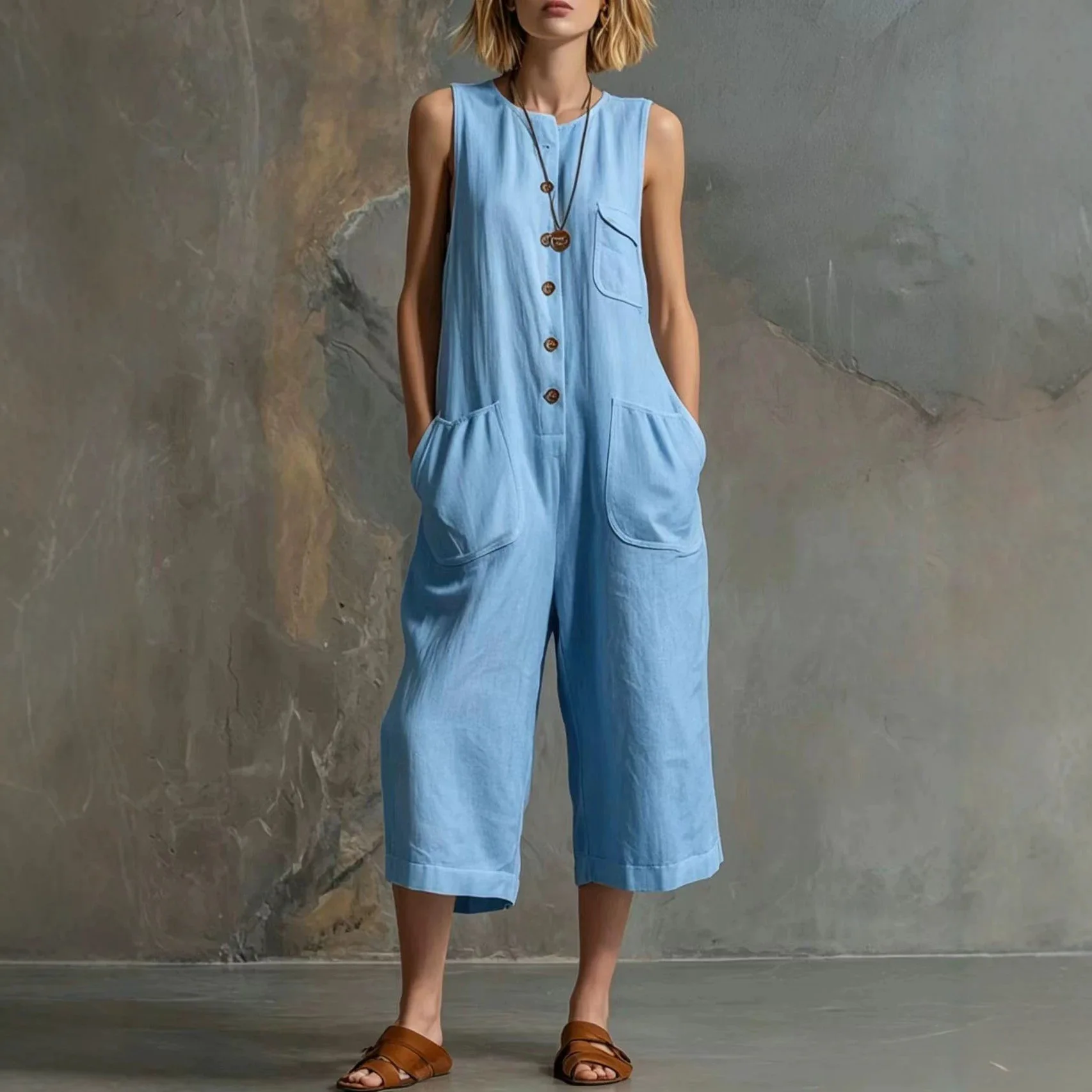 

2026 Summer Retro White short sleeves Wide Leg Jumpsuit Women's Casual Seven Points Playsuit Pants Overall Outfits