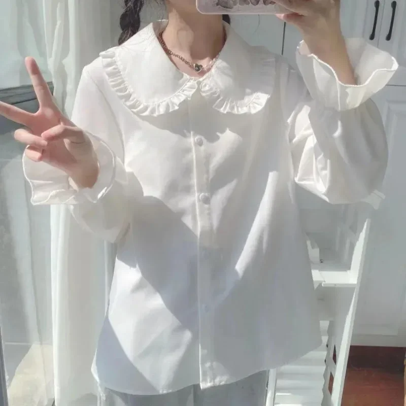 Sweet Cute White Shirt Tops Spring Autumn New All-match Youth Long Sleeve Loose Solid Color Blouse Fashion Casual Women Clothing