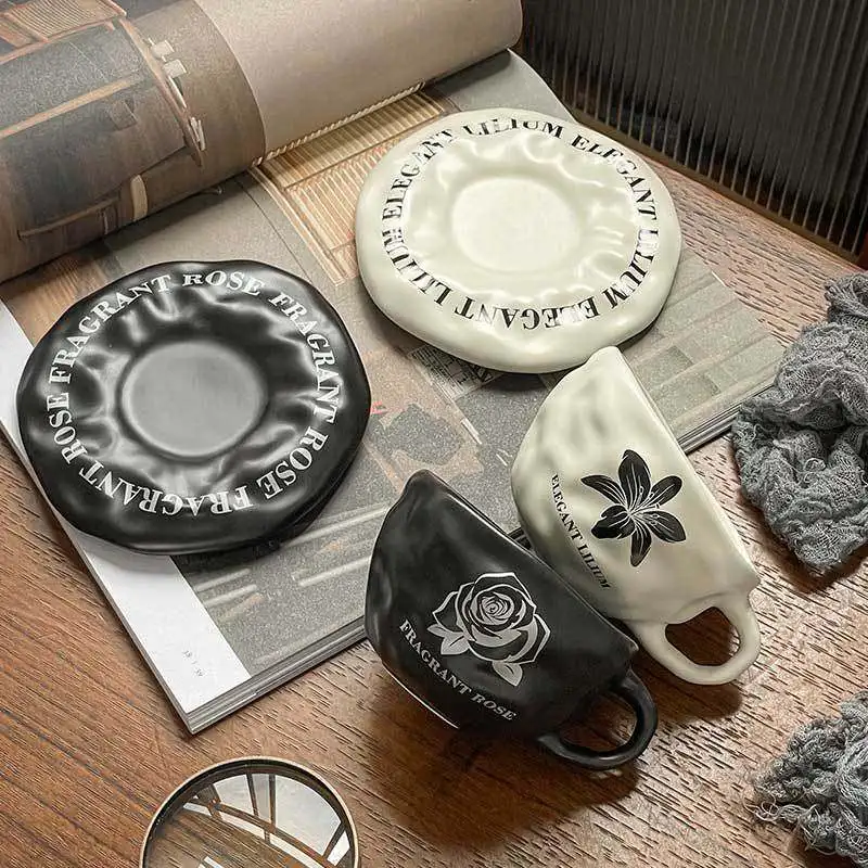 

Black White Ceramic Coffee Mug Set Vintage Commercial Cafe Tea Cup for Afternoon High Tea Office Coffeeware Unique Couple Gifts