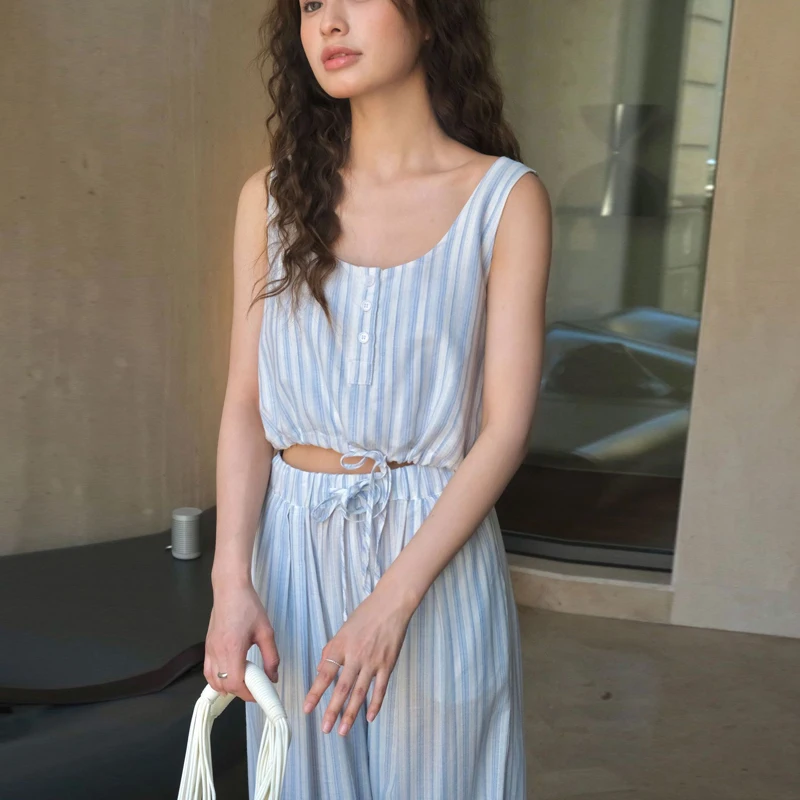 

Johnature Summer New Korean Version Resort Striped Vests 2025 New Casual Simple Drawstring Tie Short Casual Tops Women