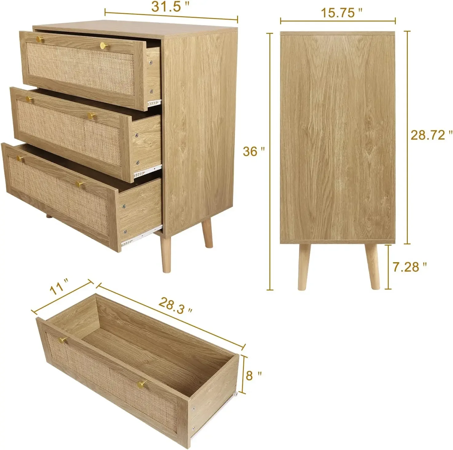 3 Lades Vrijstaande Dressoir Voor Slaapkamer, Rotan Dressoir Moderne Houten Ladekast Met Ruime Opslag, 2 Stijl, Rustiek Eiken