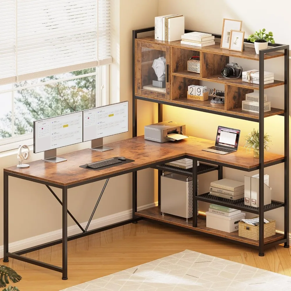 

Computer Desk, 58'' Office Desk with LED Light and Bookshelf, L Shaped Corner Desk with Storage Shelves for Home Office