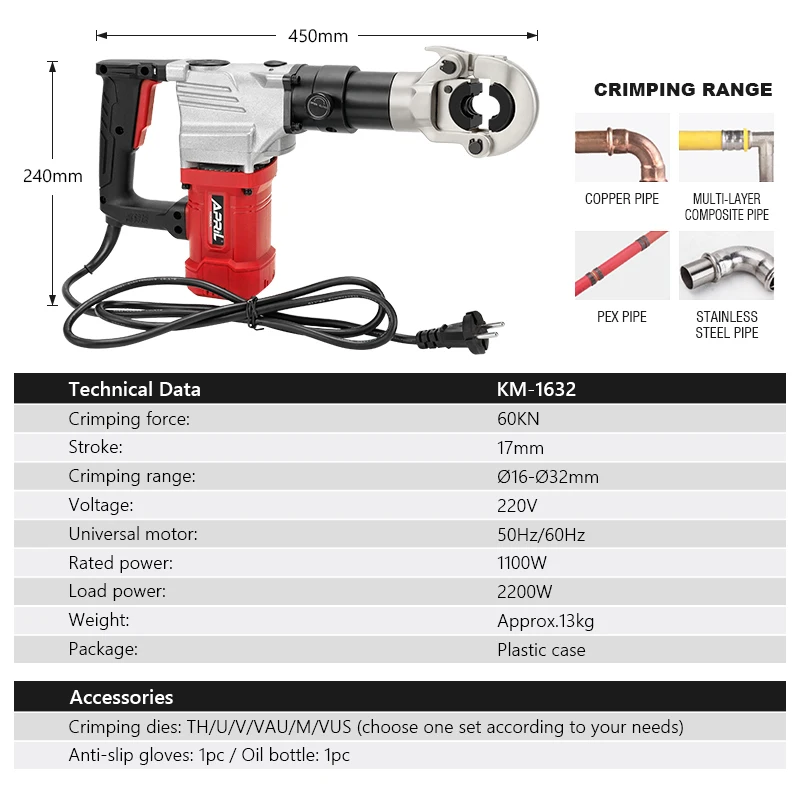 KM-1632 In-line Electric Power Pipe Crimping Tool Ø16-Ø32mm Plumbing Pipe Aluminum Plastic Pipe and Stainless Steel Pipe Crimper