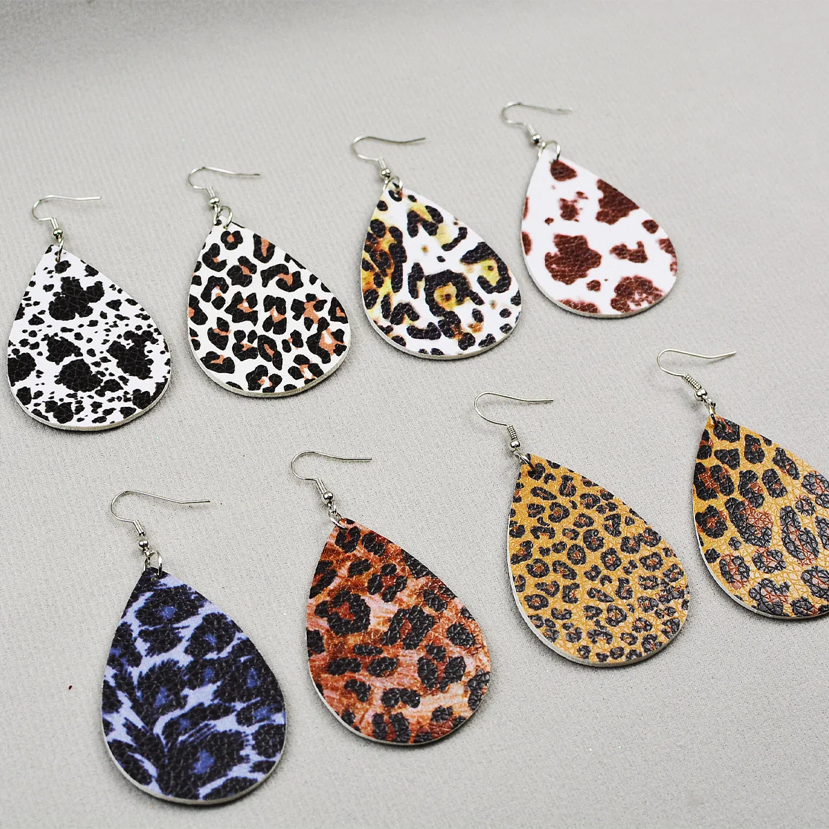 2024 European and American popular leopard print cow print water drop PU leather earrings
