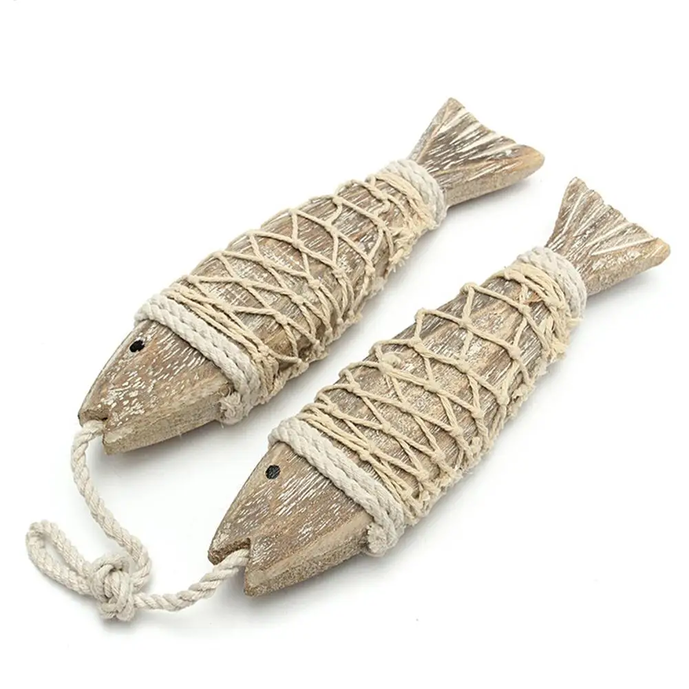 Lake House Fish Decor 2-pieces Antique Wood Fish Sculpture with Fishing Net interesting  Art Decoration for Mediterranean style