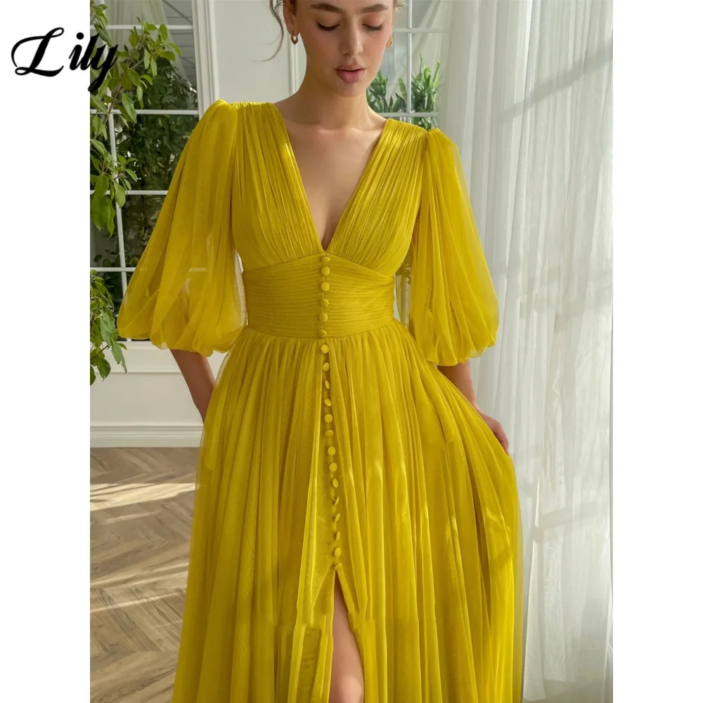 Lily Yellow Deep V-neck Prom Dress for Woman Tulle Three Quarter Sleeves Beach Wedding Dresses High Split Backless Prom Gown