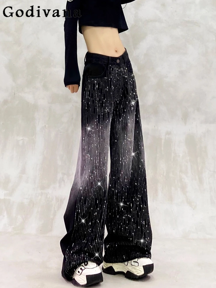 

Европа Америка, выпускной цвет, блестящие свободные джинсы с бриллиантами, осенние универсальные прямые широкие брюки с высокой талией для девочек