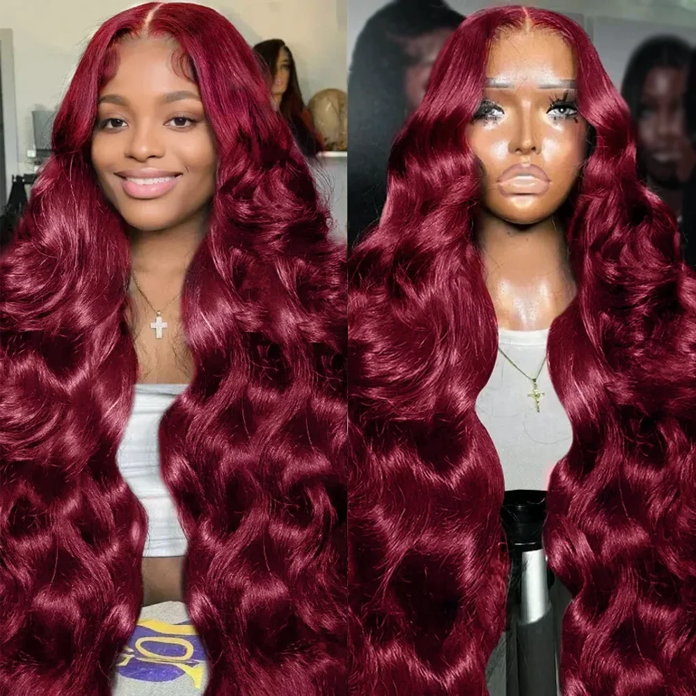 Body Wave 99J HD Lace Frontal wigs Human Hair36 Inch  Burgundy 200Density 13x6 HD Transparent Lace Human Hair Wigs for Women