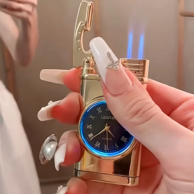 Windproof Inflatable Lighter Watch Cigar Lighter Outdoor Jet Double Tube Lighter Men's Cigarette Accessories Small Tool