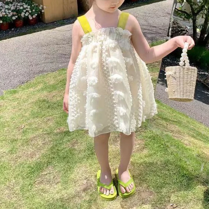 2024 Summer New Korean Girls Sling Bow Contrast Color Floral Fashion All-match Slim Sweet Casual Vacation Princess Dress