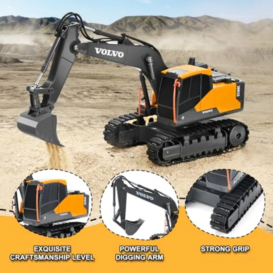 RC Excavator Remote Control Excavator Toy for Boys Full Function Construction Vehicles Toys with Shovel in Orange