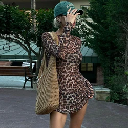 Cryptographic Fashion Leopard Print Long Sleeve Mini Dress Party Club Autumn Two Piece Sets Outfits Mesh Sheer Dresses Vestido