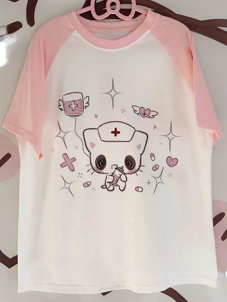 Japanese Kawaii Cartoon Print T-shirt Women Cute Contrast Color Tops Summer Harajuku Patchwork Y2k Aesthetic Grunge Tee Shirts