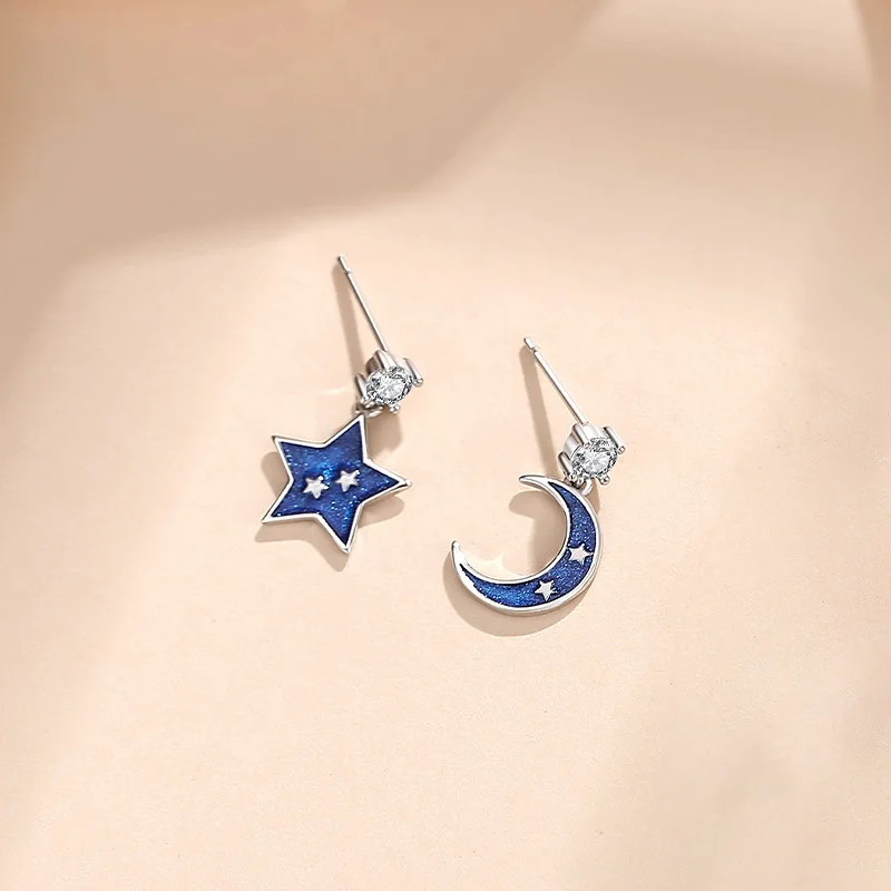 RYJU 925 Sterling Silver Asymmetrical Enamel Blue Star Moon Star Stud Earrings  for Fashion Women Wedding Party Fine Jewelry