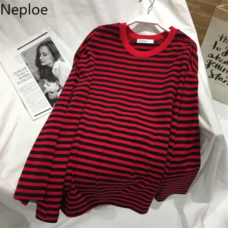 Neploe 2024 Autumn Striped Sweaters Medium-long Causal Pullovers Thin O-neck Top Korean Streetwear  Women Clothes