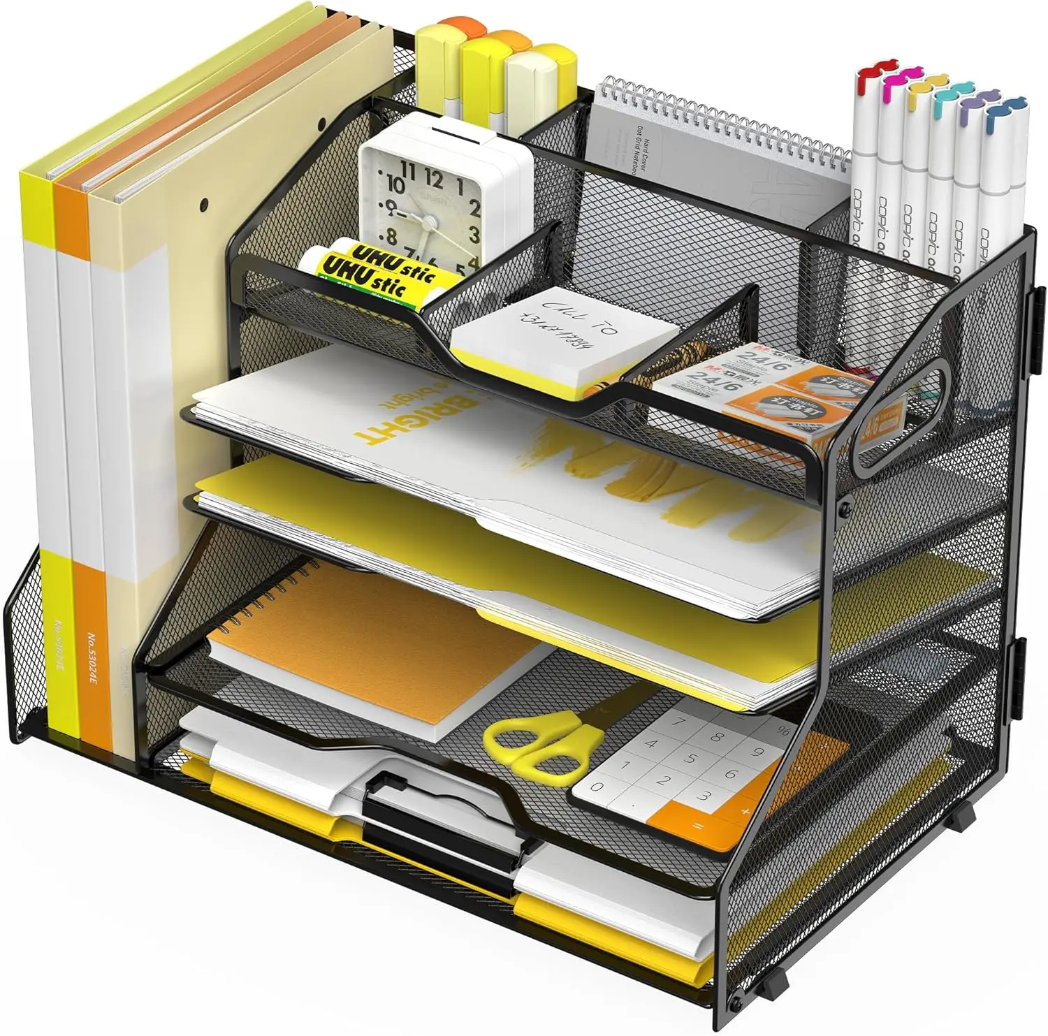 

5-Tier Paper Tray Organizer with 6 Adjustable Compartments & File Holder - Desktop Document Mail Sorter, Black
