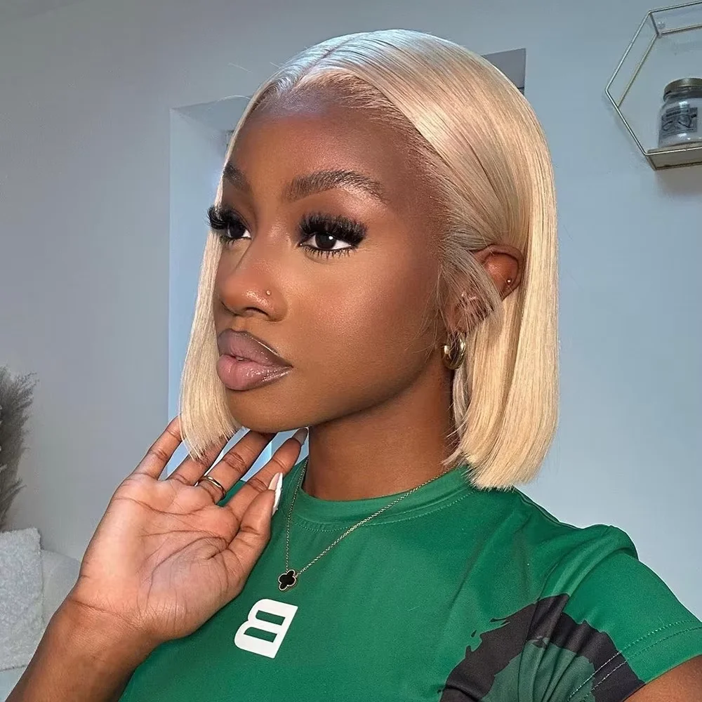 613 Blonde Short Bob Brazilian Virgin Human Hair Wig 13x6 HD Transparent Lace Front Pre Plucked Hairline Baby Hair 7x6 Glueless Wear Go 220 Density Wig For Black Women