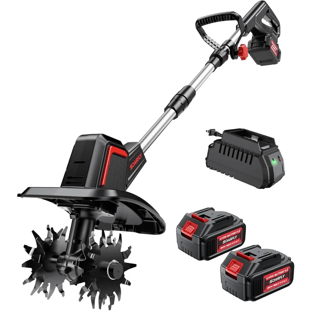 

Cordless Electric Tiller for Gardening, Total 8.0Ah Battery Powered Mini Cultivator with 2×4.0AH Batteries & Charger, 9" Width,