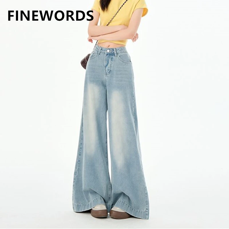 

FINEWORDS Korean High Waist Flared Jeans Women Streetwear Boot Cut Denim Pants Full Length Vintage Casual Blue Bell Bottom Jeans
