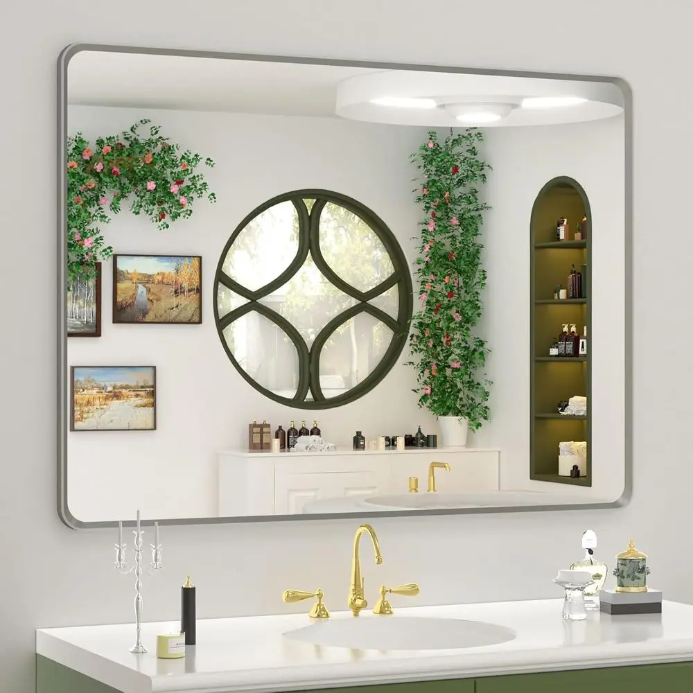 

44 x 32 Brushed Nickel Bathroom Vanity Mirror, Large Rounded RecBathroom Mirror Over Sink, Metal ed Silver Mirror or Wall, Shatt