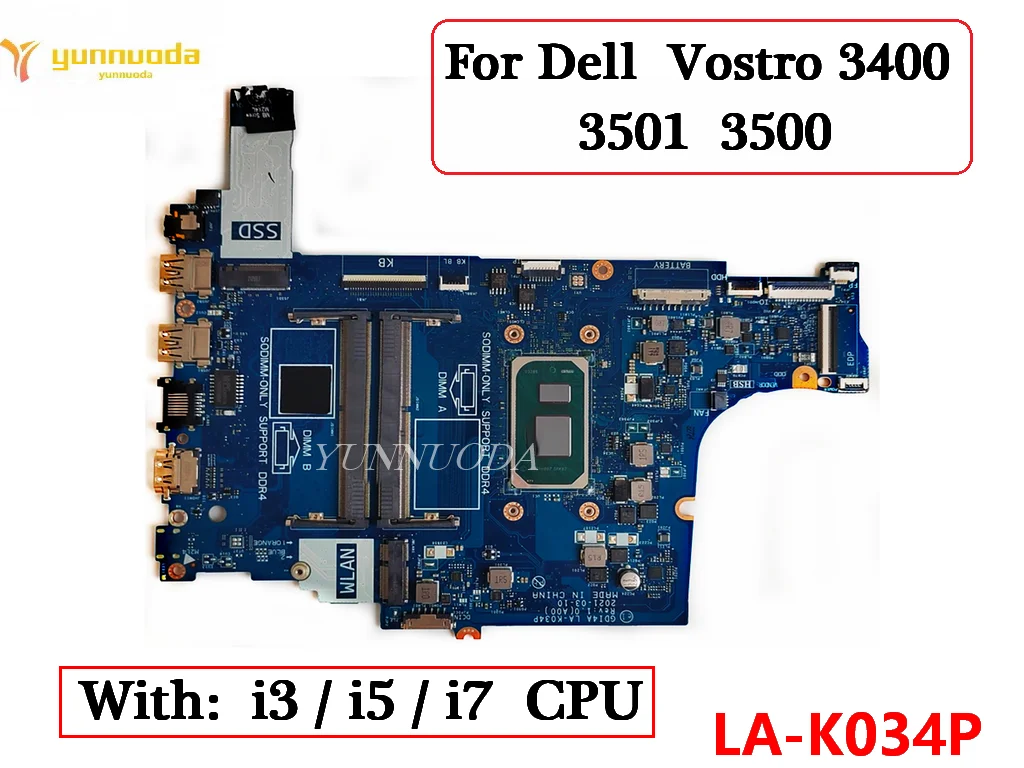 LA-K034P For Dell Vostro 3400 3501  3500 Laptop Motherboard With i3 i5 i7 CPU 0ggcmj  0xgx0c  0ftxd9 100% Tested