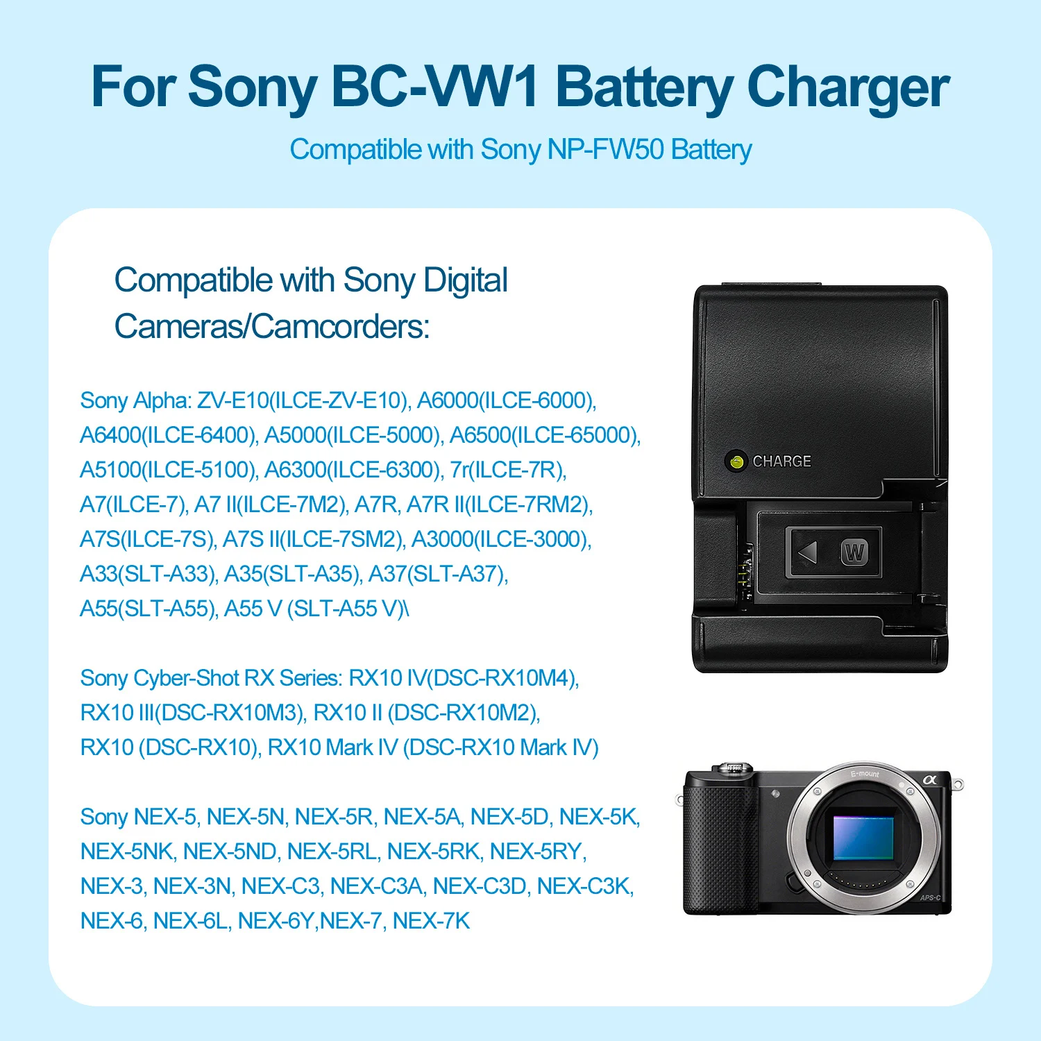 BC-VW1 Batterieladegerät für Sony NP-FW50 Akku für A5000 A5100 A6000 A6300 A6500 A6400 A7R A7S A7 A7M2 A7R2 A33 A35 A37 Kamera – Detail 3