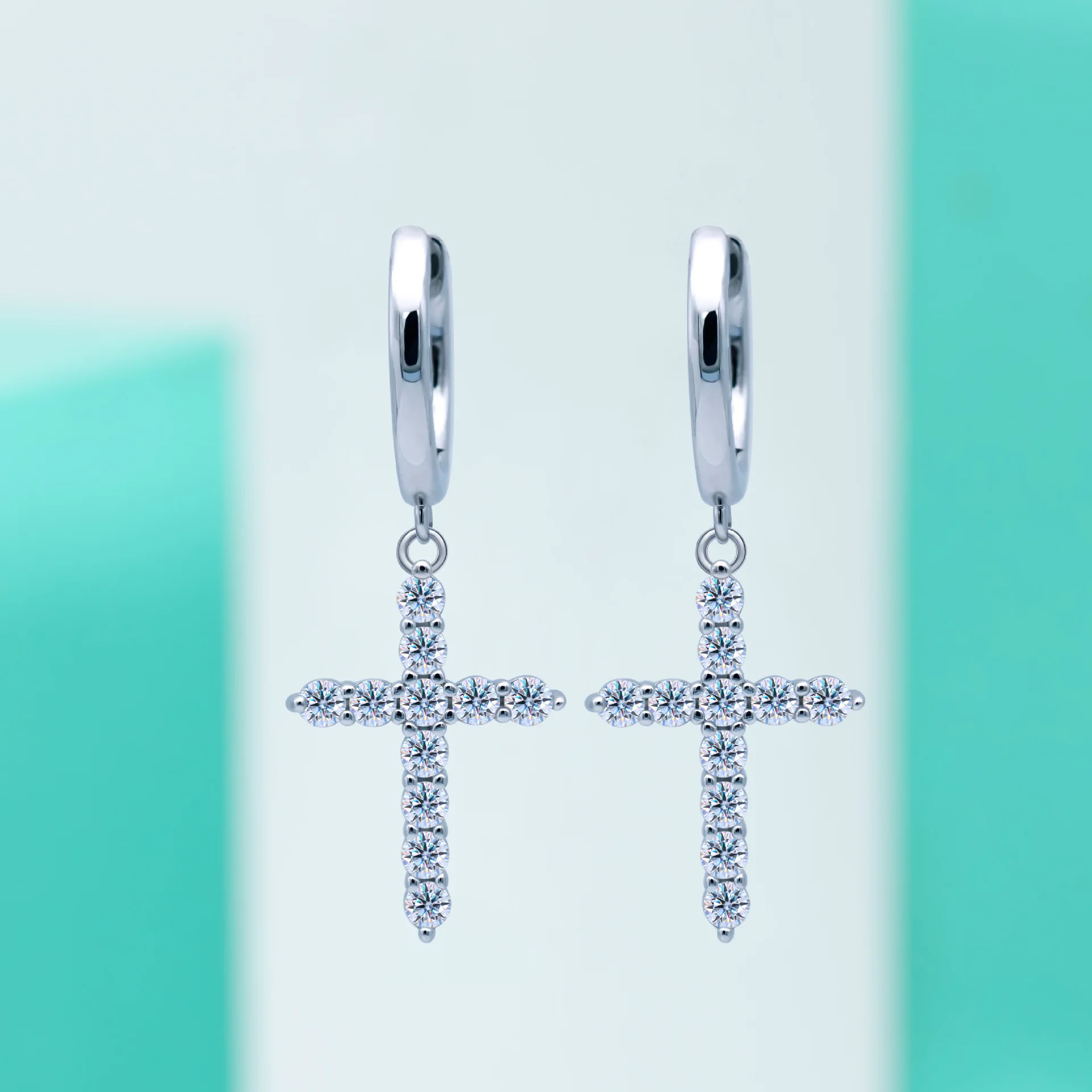 S925 sterling silver Mosonite cross earrings, women's classic earrings with dense inlaid earrings, and silver needles