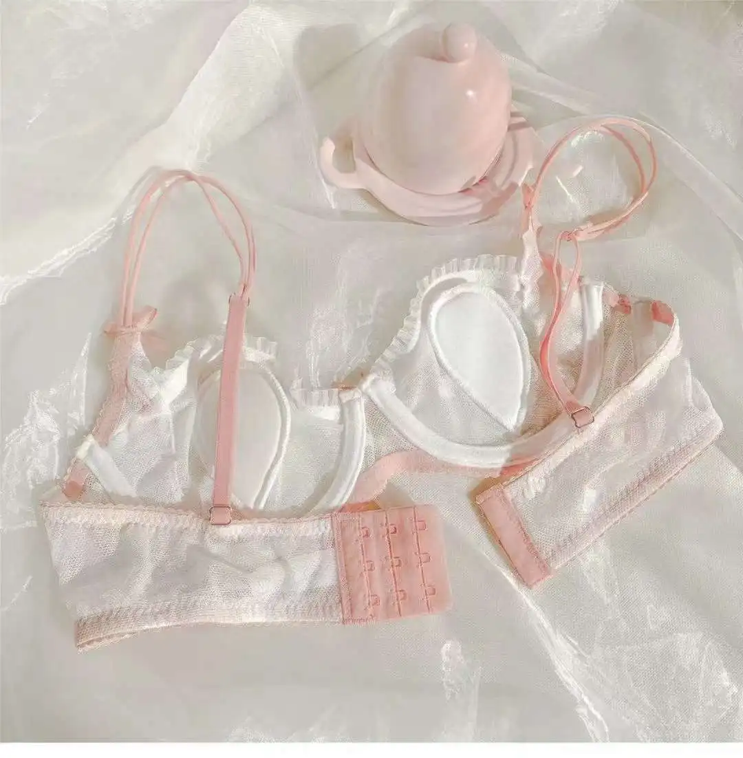 Sweet and Sexy Heart Shape Mesh Transparent Lace Edge Rabbit Cup Ultra Thin Hollow out Girl Bra